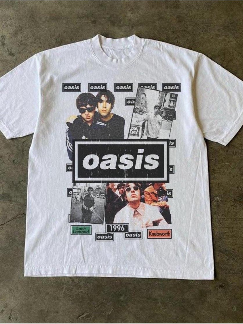 Oasis White Graphic Tee with Black Logo and Photo Collage